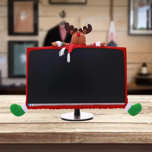 Vista 3 de Funda elástica para monitor de computadora de Navidad, decoración de Navidad, cubierta de borde de monitor de computadora de reno, funda elástica
