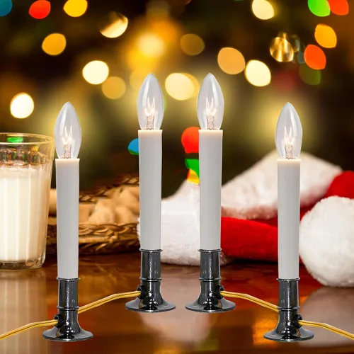 Vista 3 de Paquete de 4 Lámparas de Vela Eléctrica para Ventana con Base Chapada en Peltre, Luz de Vela de Ventana de Navidad, Interruptor