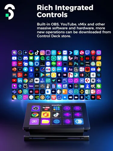 Vista 4 de Controlador de transmisión cubierta de control SOOMFON Studio con 15 teclas macro, botones LCD personalizables para activar acciones en OBS, Twitch