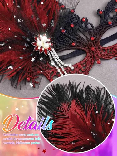 Vista 5 de Urieo Máscara de plumas veneciana de encaje con diamantes de imitación, máscaras de cosplay para mujer
