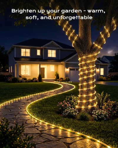 Vista 6 de Brightown Guirnalda de luces solares, 1 paquete de 100 luces LED de color blanco cálido de 39 pies para exteriores, IP65, impermeable, funciona
