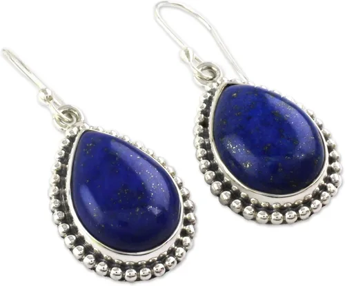 Vista 4 de NOVICA Aretes artesanales de lapislázuli de plata de ley Colgante de lágrima Esnórquel real Gancho de alambre francés Piedra natal azul Acabado