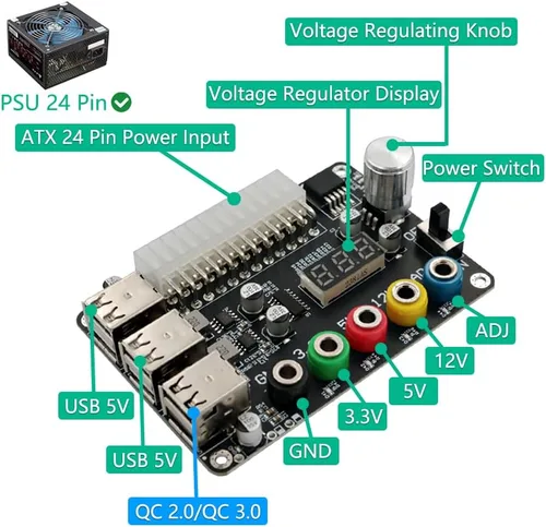 Vista 2 de HLT Placa de conexión de fuente de alimentación ATX con perilla de voltaje ajustable y 6 puertos USB 2.0, y QC 2.0/QC 3.0, salida máxima de 3 A