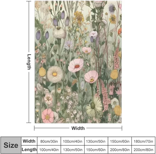 Vista 2 de Manta de vellón de hierbas y flores silvestres con plantas botánicas para primavera y verano, con margaritas y hojas florales, manta de franela
