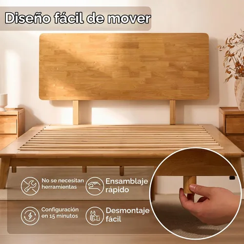 Vista 4 de FLEXISPOT Hako G1 - Cama de plataforma de madera maciza tamaño Queen con montaje sin herramientas Roble natural