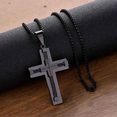 Vista 6 de YL Collar de cruz para hombre, acero inoxidable 316L, colgante de Jesucristo, cadena Rolo para 2022242628 pulgadas