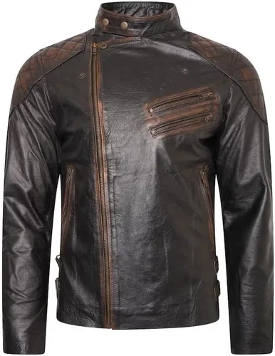 Vista 3 de Chaqueta de cuero de motocicleta negra y marrón con relieve de calavera para hombre