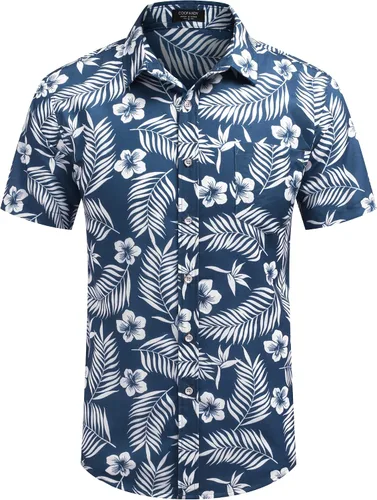 Vista 2 de COOFANDY Camisas hawaianas de manga corta para hombre, estilo casual, con botones, para playa tropical