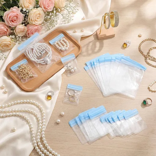 Vista 5 de Clabby 120 bolsas de joyería antideslustre para organizador y almacenamiento, bolsa de joyería de PVC transparente, mini bolsa de plástico, anillos