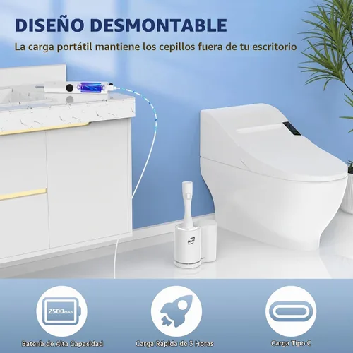 Vista 6 de Juego de cepillo eléctrico y soporte para inodoro, cepillo eléctrico para inodoro, juego de limpiador de cepillo de inodoro con 5 recambios