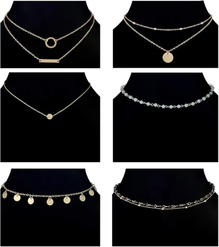 Vista 5 de Ofeiyaa - Juego de 12 piezas con cadena de oro, collar de cuentas de moneda, luna, estrella, dije de perla, gargantilla de cadena multicapa