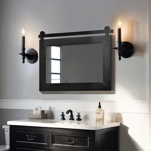 Vista 10 de COGOOD Espejo de puerta de granero de granja, 25 x 18 pulgadas, espejo decrativo con marco de madera rústica para baño, sala de estar, decoración