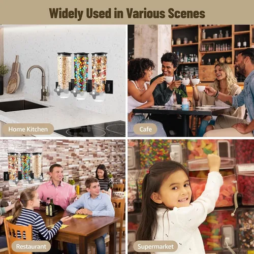 Vista 7 de Dispensador de pared de 3 cabezales, dispensador grande de alimentos secos de 4.5L, dispensador de cereales y dispensador transparente, recipiente