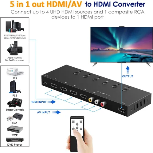 Vista 2 de Interruptor HDMI/AV 5 en 1, convertidor 4K-HD MI+1AV a HDMI, compatible con HDR y HDCP 2.2 y 3D completo con control remoto IR compatible