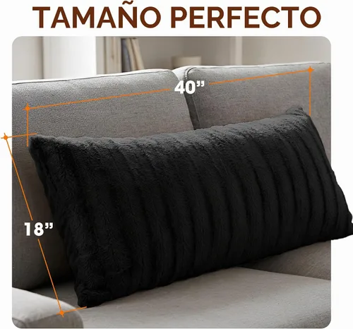 Vista 4 de Cheer Collection Almohada Larga de Pelo Sintético - Almohada Decorativa para Cama y Sofá - Almohada Lumbar Decorativa con Relleno, Negra