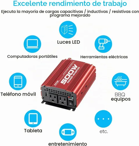 Vista 6 de POTEK - Inversor de corriente para automóvil de 500W, DC 12V a AC 110V, con 2 tomas de corriente AC y puerto USB de 2A