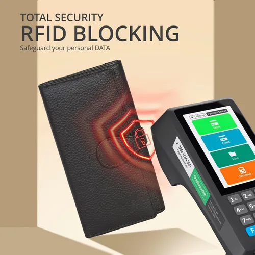 Vista 5 de Cartera de piel auténtica para mujer con bloqueo RFID, tarjetero triple para mujer, con ventana de identificación
