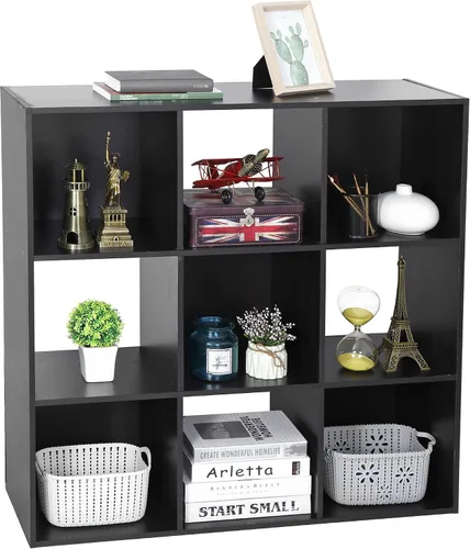Vista 8 de JupiterForce Organizador de almacenamiento de 9 cubos, estante de exhibición de madera con 5 paneles traseros removibles, estantería de libros
