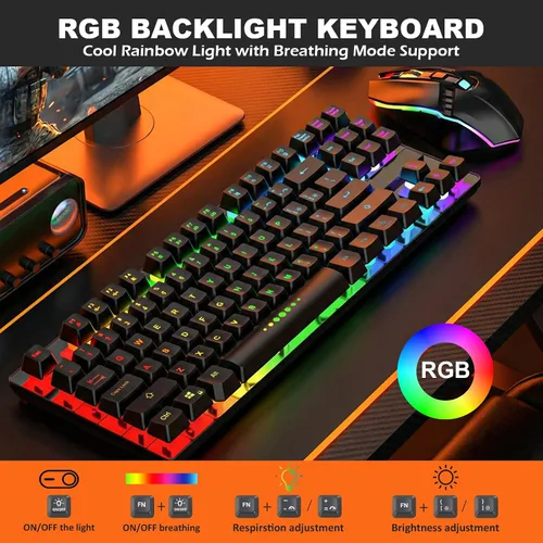 Vista 3 de Combo de teclado y mouse inalámbricos para juegos, batería recargable con retroiluminación LED, teclado de tacto mecánico ultra compacto, ratones