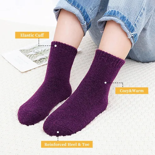 Vista 2 de FNOVCO Calcetines de lana para niños pequeños, cálidos, de lana gruesa, para senderismo, térmicos, acogedores, para niños y niñas, paquete de 6