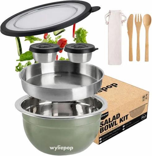 Vista 7 de Kit de Ensaladera de Acero Inoxidable de 64 oz y Juego de Cubiertos de Bambú de 3 Piezas con 2 Recipientes para Condimentos, Bandeja Insertable Negro