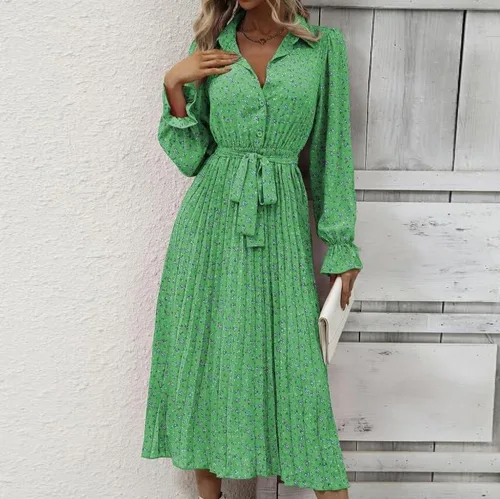 Vista 6 de Vestido floral midi de otoño de manga larga suave con lazo en la cintura, lindo vestido casual con solapa camisa plisada vestido 2023 vestidos