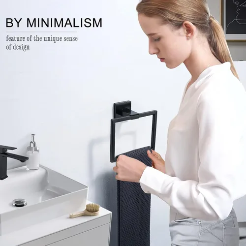 Vista 4 de TQKAG Toallero negro mate para toallas de baño, soporte para toallas de mano de acero inoxidable, perchas cuadradas para toallas montadas en la pared