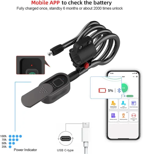 Vista 14 de eLinkSmart - Cerradura de bicicleta de huellas dactilares, bloqueo de cable