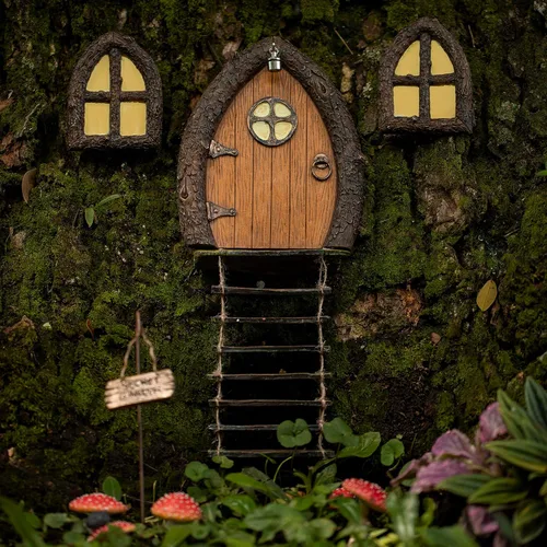 Vista 5 de Puerta de hadas y ventanas para árboles – Escultura de arte de jardín que brilla en la oscuridad para habitación de niños, pared y árboles al aire