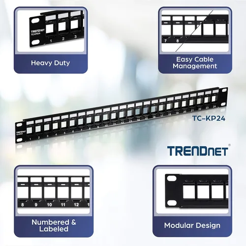 Vista 2 de TRENDnet Paneles de Parche Keystone 1U en blanco de 24 puertos, TC-KP24/2, Carcasa de Montaje en Rack Metálica de 1U 19", recomendada con conectores