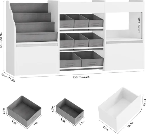 Vista 2 de BOTLOG Organizador de almacenamiento de juguetes de 62.2 pulgadas y estantería para niños, organizador de juguetes con 2 cajones móviles y 9 cajas