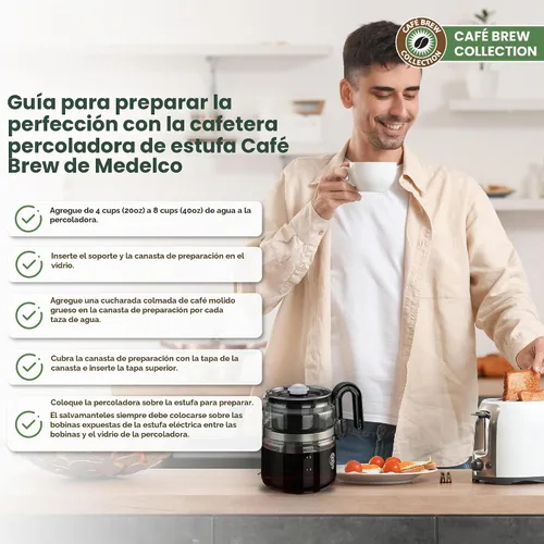 Vista 6 de Café Brew Collection Cafetera percoladora de vidrio de 8 tazas, percoladora de café de vidrio borosilicato, sin BPA, apta para lavavajillas