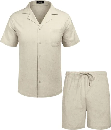 Vista 4 de COOFANDY Camisas de lino para hombre, manga corta, con botones, para playa, hawaiana, juego de 2 piezas