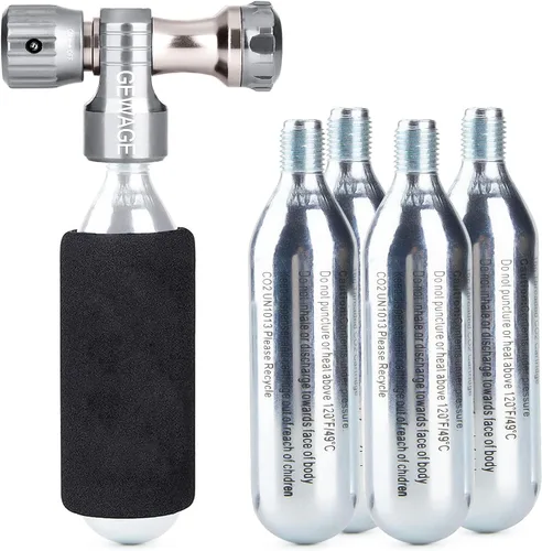 Vista 9 de Inflador de CO2 con 4 cartuchos de 0.56 oz - Bomba de bicicleta de CO2 compatible con válvula Presta y Schrader - Inflador de neumáticos