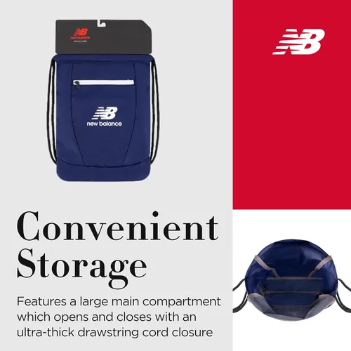 Vista 3 de New Balance Mochila con cordón, pequeña bolsa de viaje para gimnasio con bolsillo frontal con cremallera, saco deportivo para hombres y mujeres