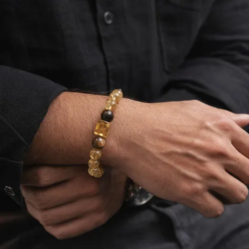 Vista 4 de Pulsera de cuarzo rutilado dorado y cristal curativo de ojo de tigre, diseño de cuentas de energía natural y atracción de riqueza, regalo