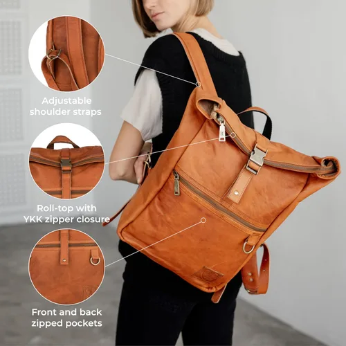Vista 5 de BERLINER BAGS Mochila vintage de cuero genuino Utrecht, mochila para laptop, mochila de viaje para mujeres y hombres, café M, Mediana