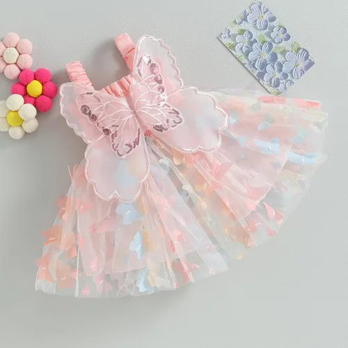 Vista 4 de Vestido de mameluco para bebé niña, sin mangas, espalda de mariposa, 3D, capas de mariposa, vestido formal de princesa para fiesta