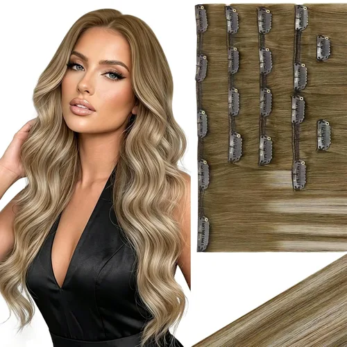 Vista 11 de Ve Sunny Extensiones de cabello clip-in de cabello humano real con reflejos, extensiones de cabello con clip para cabello corto, marrón oscuro