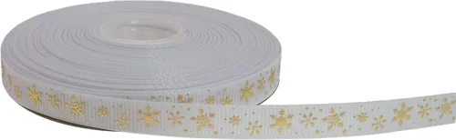 Vista 13 de Cinta de grogrén de copo de nieve con impresión dorada de 25 yardas cada rollo, borde tejido 100% poliéster (3/8 pulgadas, beige)