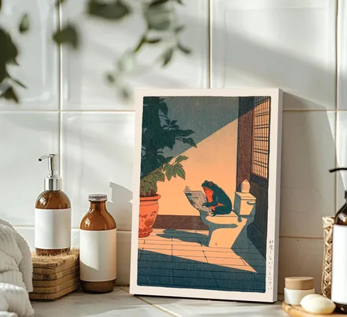 Vista 4 de Divertido lienzo de rana para pared, póster japonés para baño, impresión de animales vintage en el inodoro, lectura de periódicos, pintura japonesa
