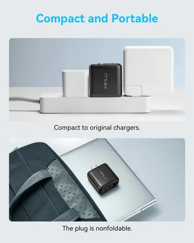 Vista 7 de GaN - Bloque de cargador USB C de 65 W, cargador de pared compacto de 3 puertos tipo C con cable USB-C/L 2 en 1 de 6 pies, 100 W, carga rápida