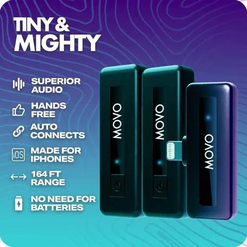 Vista 4 de Movo Micrófono inalámbrico Mini DI Duo - Micrófono de grabación de video para iPhone con micrófono Lavalier, batería de 10 HR, rango de 164 pies
