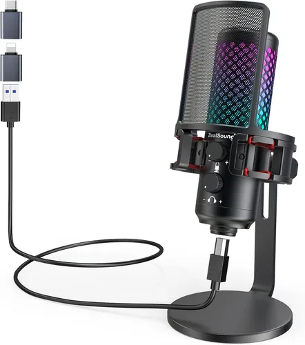 Vista 9 de ZealSound Micrófono USB para juegos para Xbox PC, Mac, iPhone y Android, micrófono de reducción de ruido con silencio de un toque, control