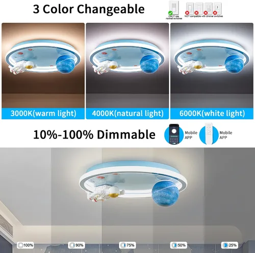 Vista 4 de Shine LUEST Lámpara de techo de astronauta de 20 pulgadas regulable para niños, luces de techo empotradas para dormitorio, lámpara LED de 3000
