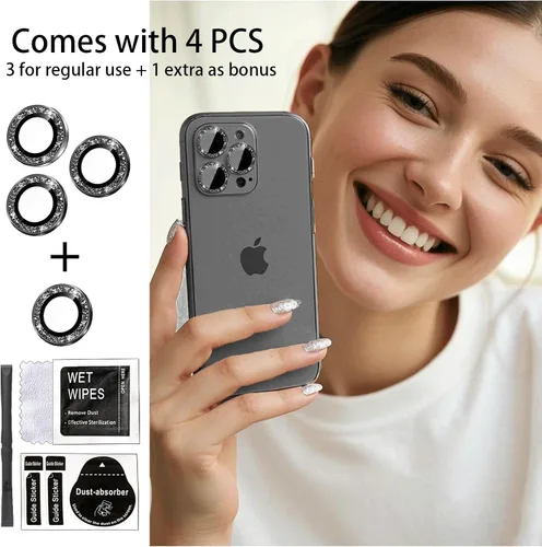 Vista 2 de Protector de lente de cámara compatible con iPhone 15 Plus y iPhone 15 (paquete de 4, 2 juegos), con purpurina brillante, funda de cámara