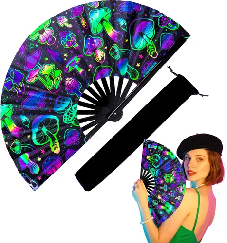 Vista 13 de Abanico de mano grande de 33 cm con luz UV para baile en línea, abanico plegable para botas, actuación, boda, fiesta - Abanico portátil de mano
