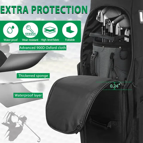Vista 4 de AKOZLIN Bolsa de viaje de golf, impermeable, universal, plegable, para palos de golf, con ruedas para viajes de aerolíneas