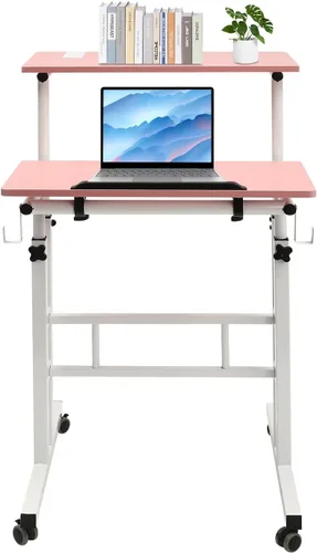Vista 8 de Escritorio móvil de pie para computadora, estación de trabajo con ruedas universales, altura ajustable, doble panel inclinable, carrito