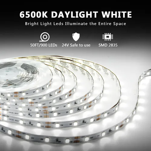 Vista 2 de dalattin Tira de luces LED blancas de 50 pies, regulable, brillante, tira de luz LED de 24 V, 6500 K, luz diurna blanca, 900 luces LED para Blanco